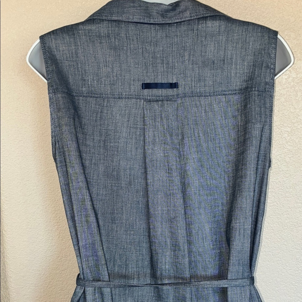 BEAUTIFUL Lustrous Blue Linen Dress, Sleeveless Pockets, Belt, Side Slits L EUC - Picture 8 of 16